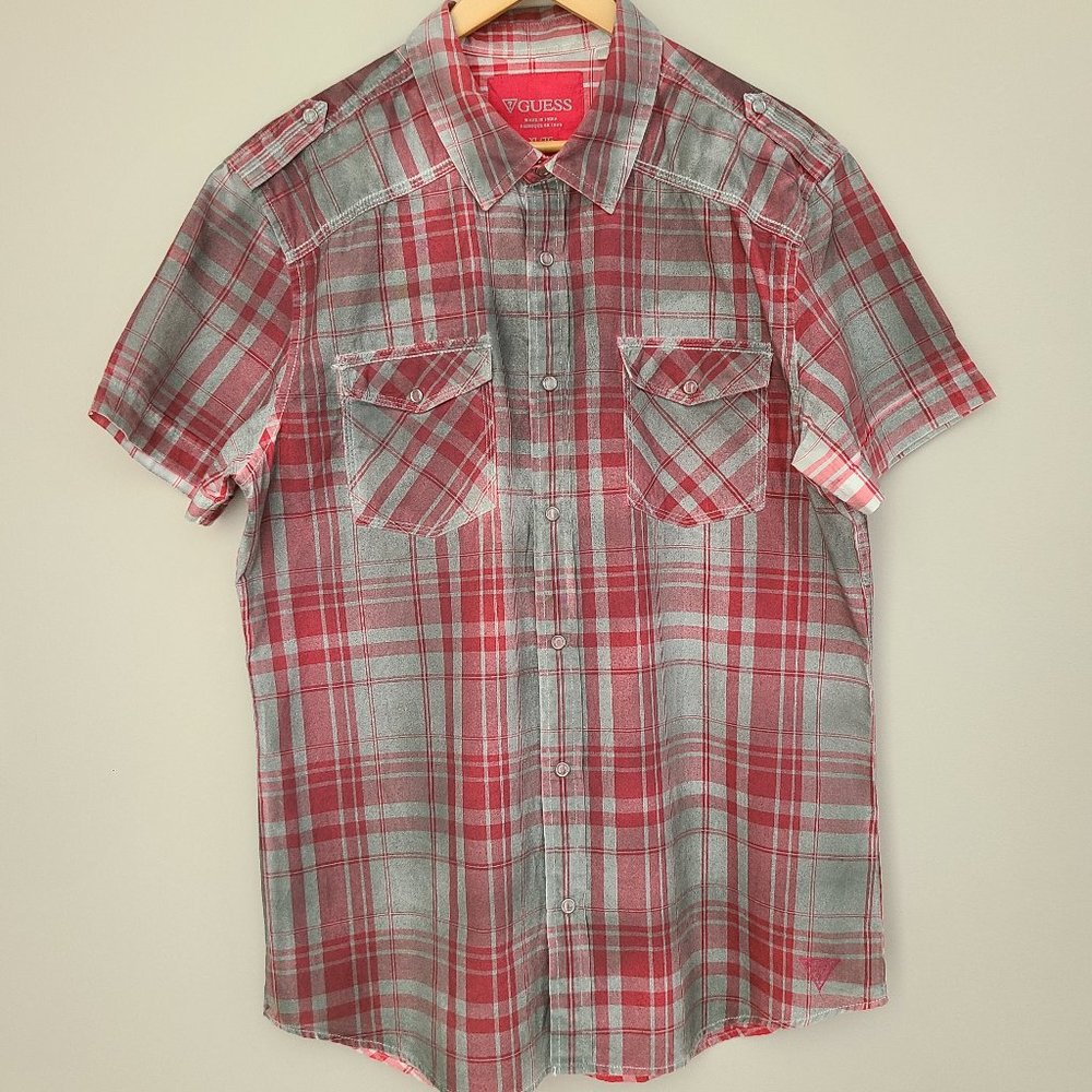 GUESS Men's Red & Gray Plaid Shirt (Guess)